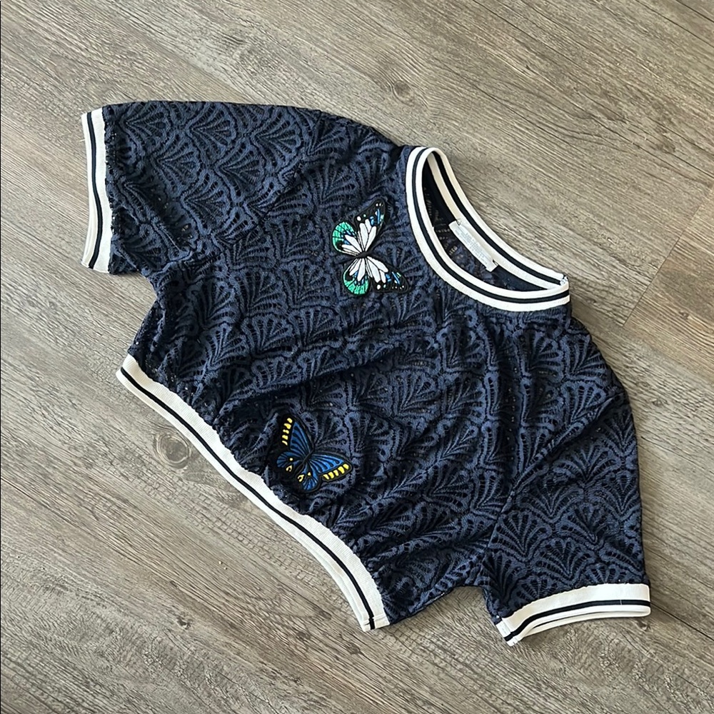 Zara navy Lace crop Top with White Trim butterfly S